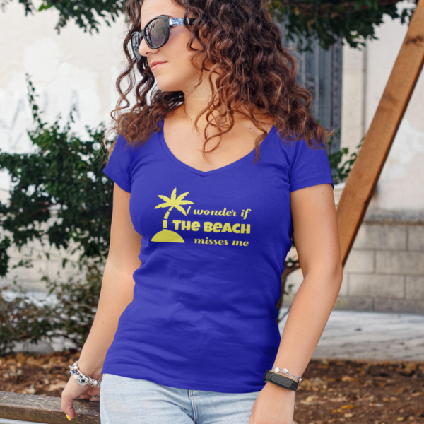 T-Shirts, Graphic Tees, Funny T-Shirts, Vintage T-shirts, Custom T-Shirts, Fashion T-Shirts, Sports T-Shirts, Retro T-Shirts, Football t-shirts, T-shirt sale #Jeanette Acevedo, I wonder if the beach misses me tee shirt, Port & Company, Fan Favorite Tee Shirt, Color: True Royal Heather, V-Neck Tee Shirt
